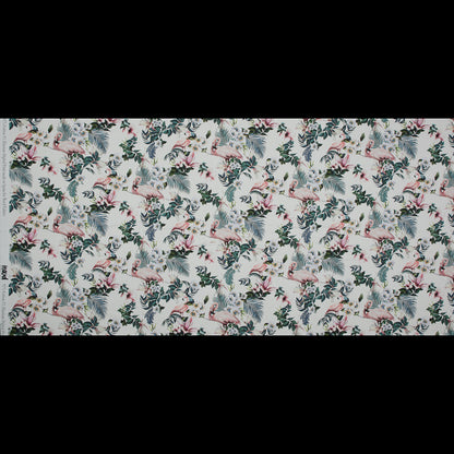 Stretch Cotton Sateen - White Flamingos and Leaves - Balance of Unity Print - Mood Exclusive Key Largo Collection