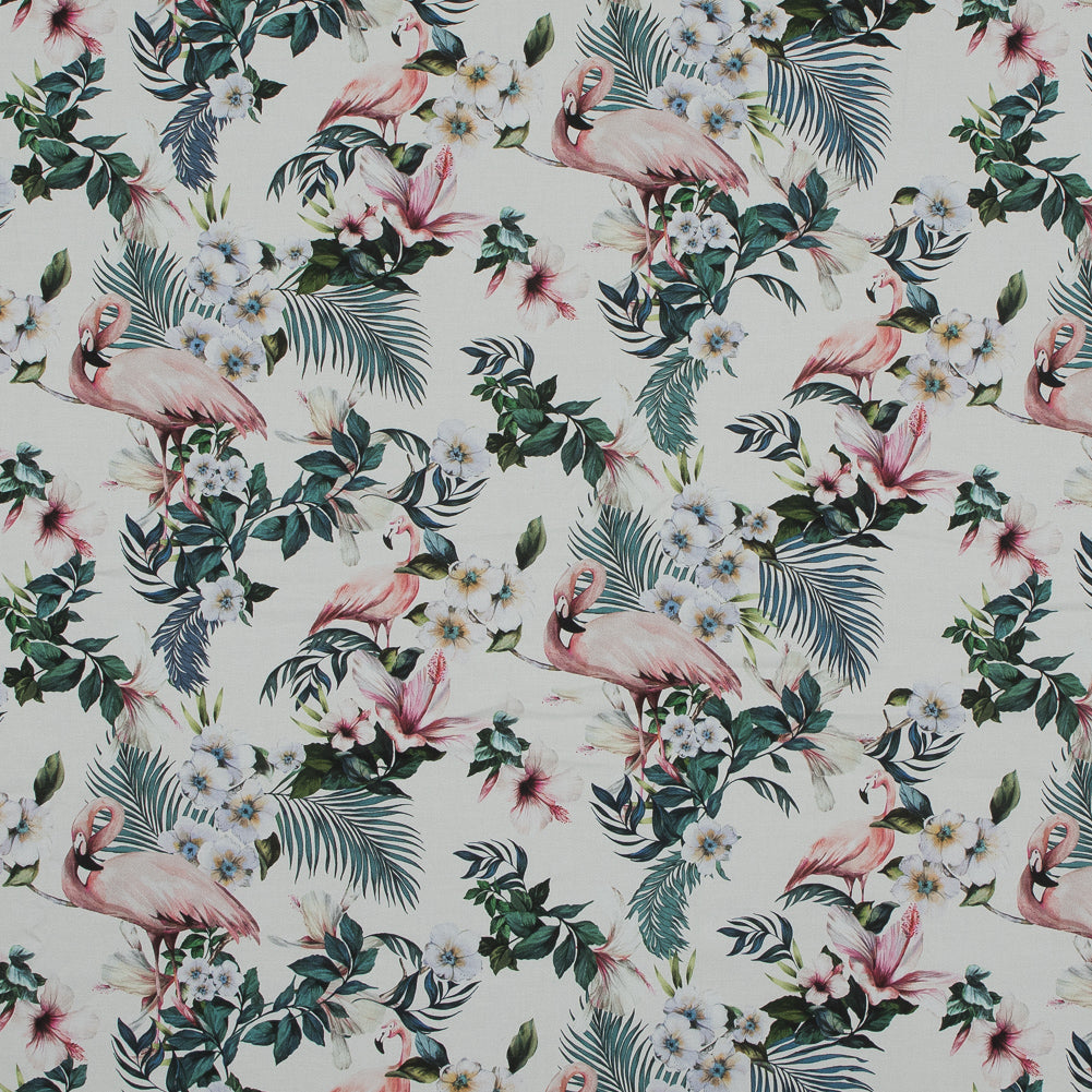 Stretch Cotton Sateen - White Flamingos and Leaves - Balance of Unity Print - Mood Exclusive Key Largo Collection