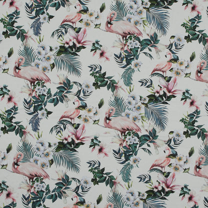 Stretch Cotton Sateen - White Flamingos and Leaves - Balance of Unity Print - Mood Exclusive Key Largo Collection