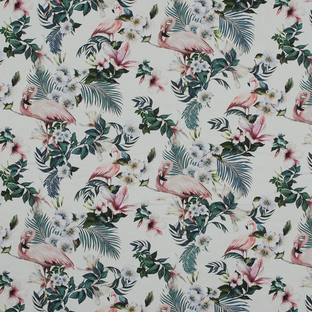 Stretch Cotton Sateen - White Flamingos and Leaves - Balance of Unity Print - Mood Exclusive Key Largo Collection