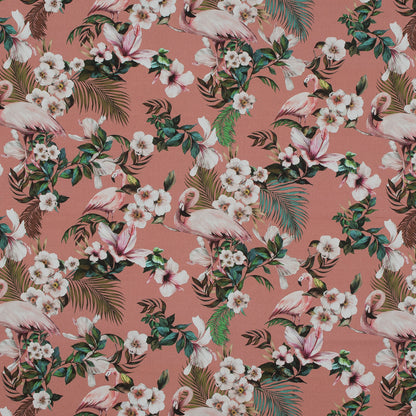 Stretch Cotton Sateen - Salmon Flamingos and Leaves - Balance of Unity Print - Mood Exclusive Key Largo Collection