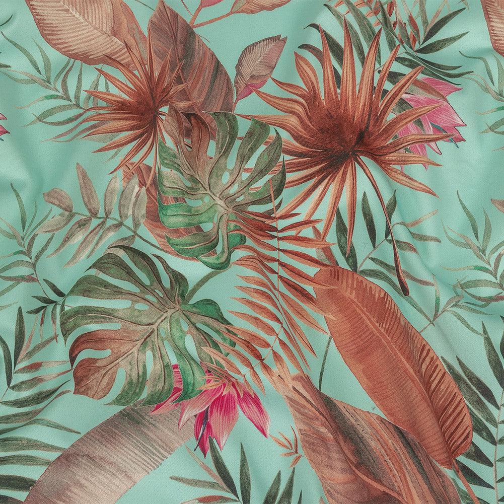 Stretch Cotton Sateen - Aqua Tropical Leaves - Efficacy of Contentment Print - Mood Exclusive Key Largo Collection