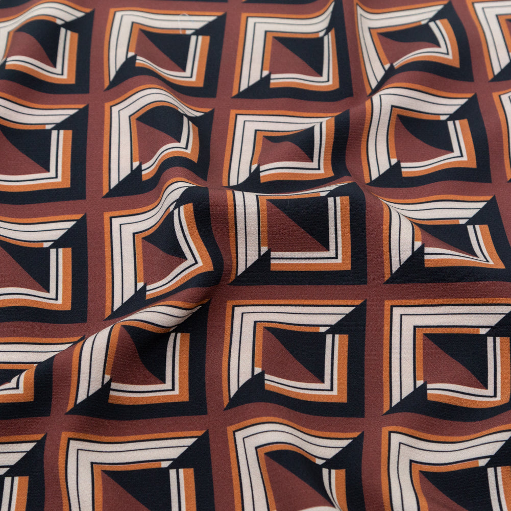 Stretch Polyester Crepe - Brown Geometric Squares - Corn Maze Print - Mood Exclusive Harvest Collection