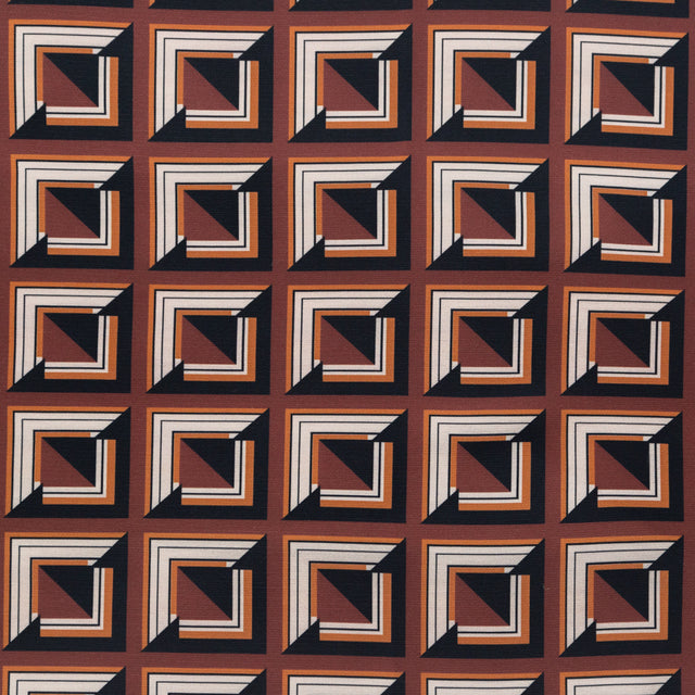 Stretch Polyester Crepe - Brown Geometric Squares - Corn Maze Print - Mood Exclusive Harvest Collection