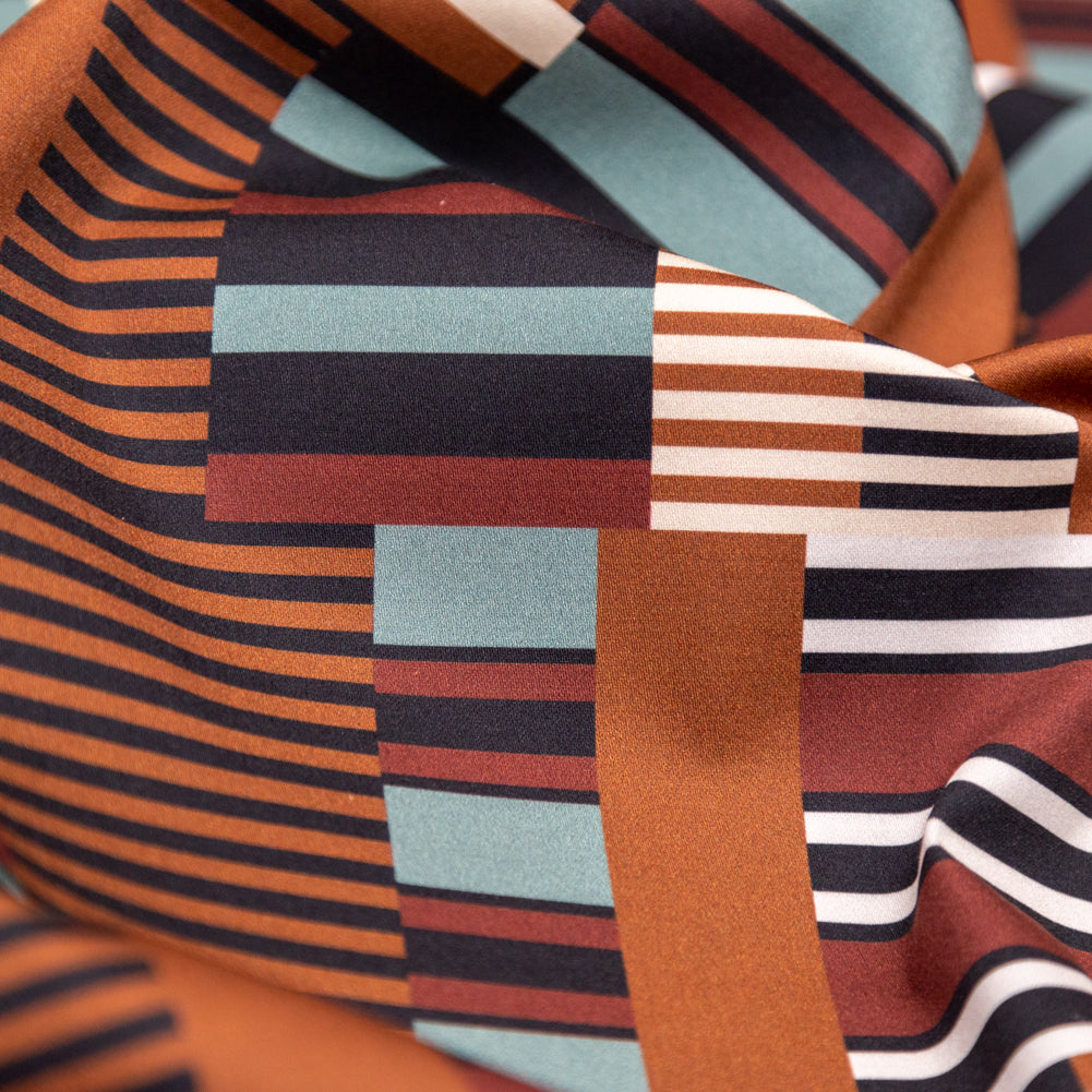 Stretch Cotton Sateen - Blue and Brown Geometric - Kernel of Truth Print - Mood Exclusive Harvest Collection - Detail