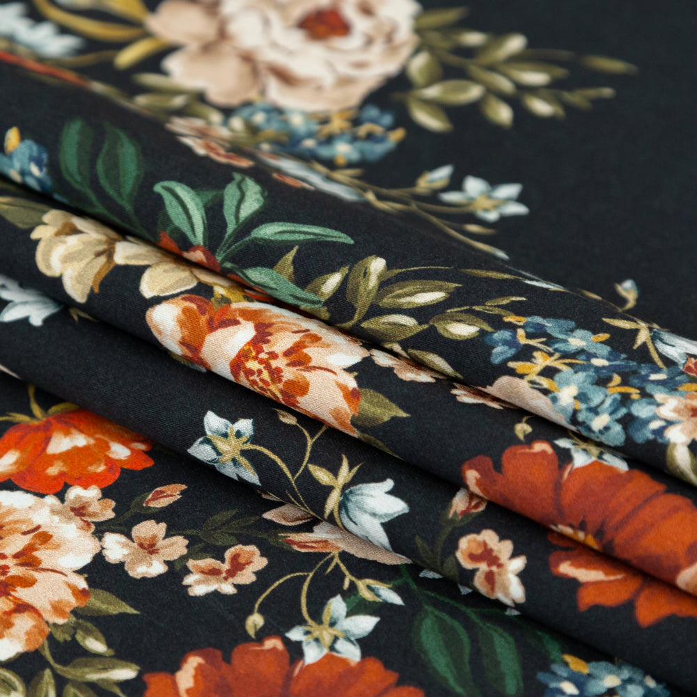 Stretch Cotton Sateen - Black and Red Floral - Garden of Eden Print - Mood Exclusive Harvest Collection - Folded