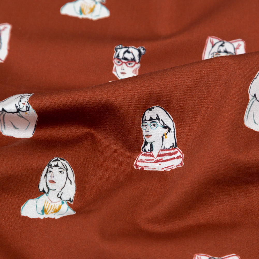 Stretch Cotton Sateen - Rust Faces - Run the World Print - Mood Exclusive Harvest Collection