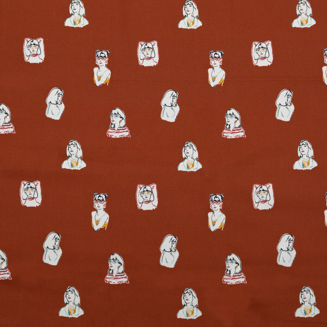 Stretch Cotton Sateen - Rust Faces - Run the World Print - Mood Exclusive Harvest Collection