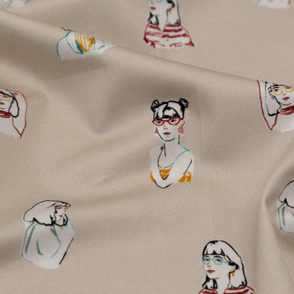 Stretch Cotton Sateen - Beige Faces - Run the World Print - Mood Exclusive Harvest Collection