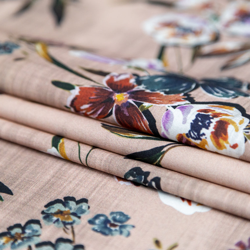 Stretch Cotton Sateen - Beige Floral - New Americana Print - Mood Exclusive Harvest Collection - Folded