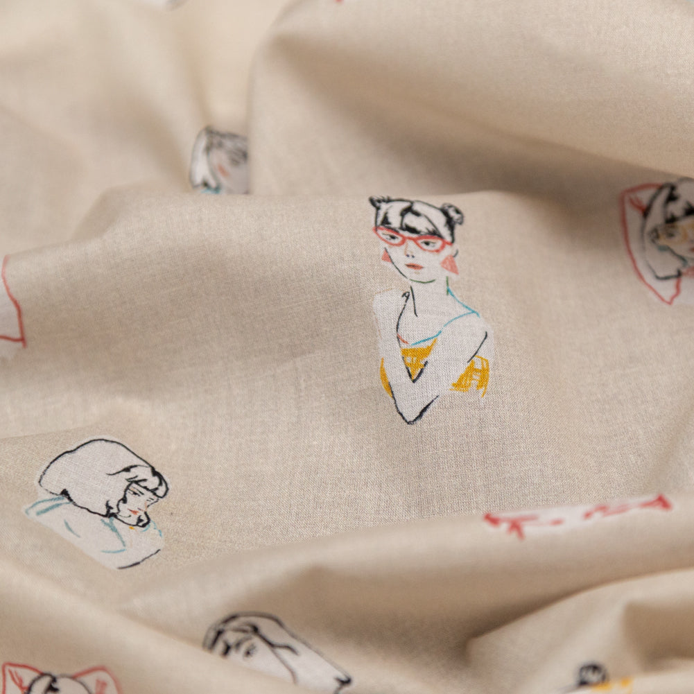 Cotton Voile - Beige Faces - Run the World Print - Mood Exclusive Harvest Collection