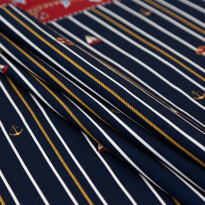 Panel de crepé de poliéster elástico - Tesoros náuticos y rayas - Estampado de veleros - Colección exclusiva St. Tropez de Mood