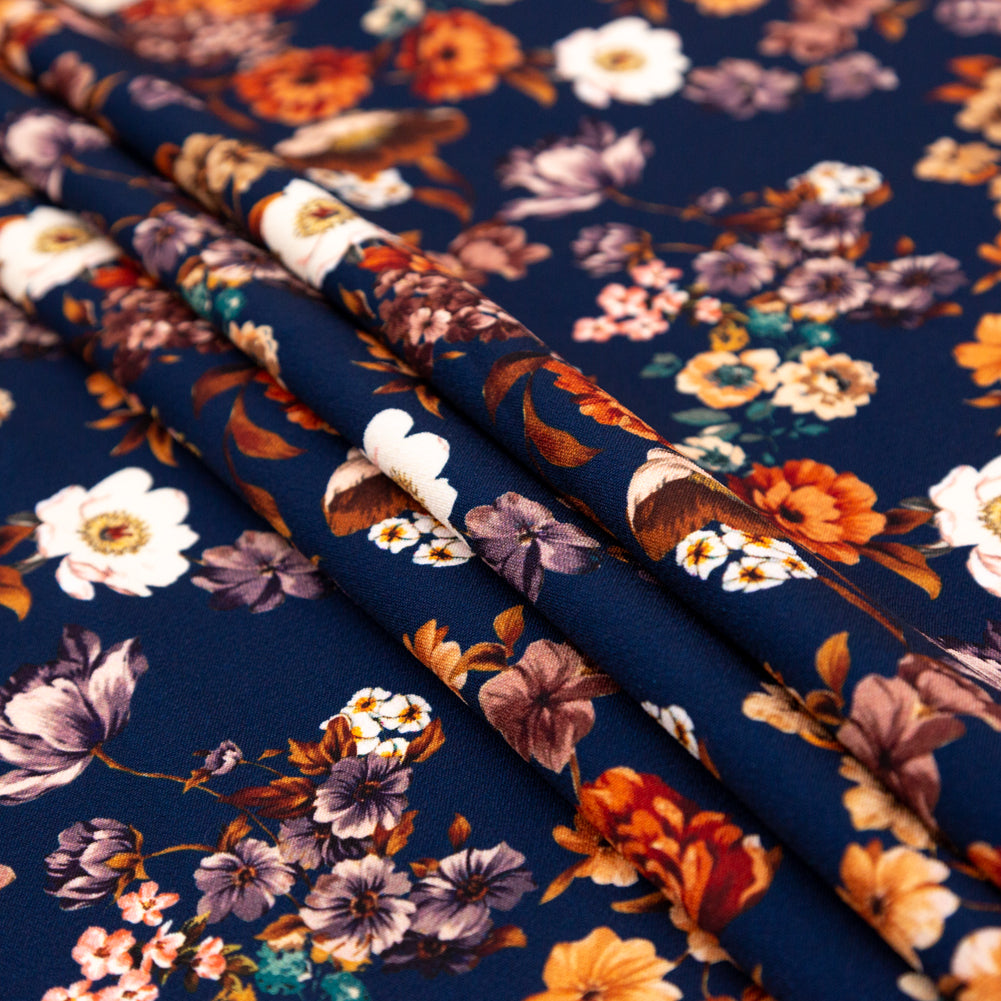 Stretch Polyester Crepe - Navy and Orange Floral - Floral Dreams Print - Mood Exclusive St. Tropez Collection