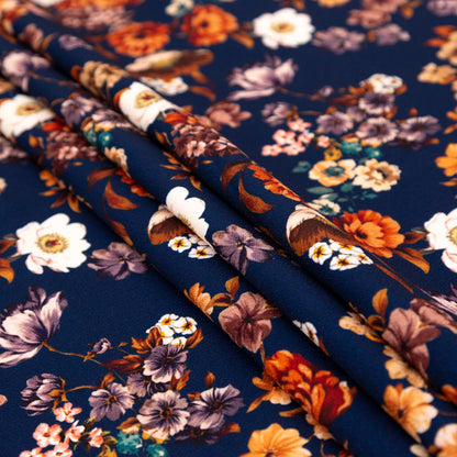 Stretch Polyester Crepe - Navy and Orange Floral - Floral Dreams Print - Mood Exclusive St. Tropez Collection