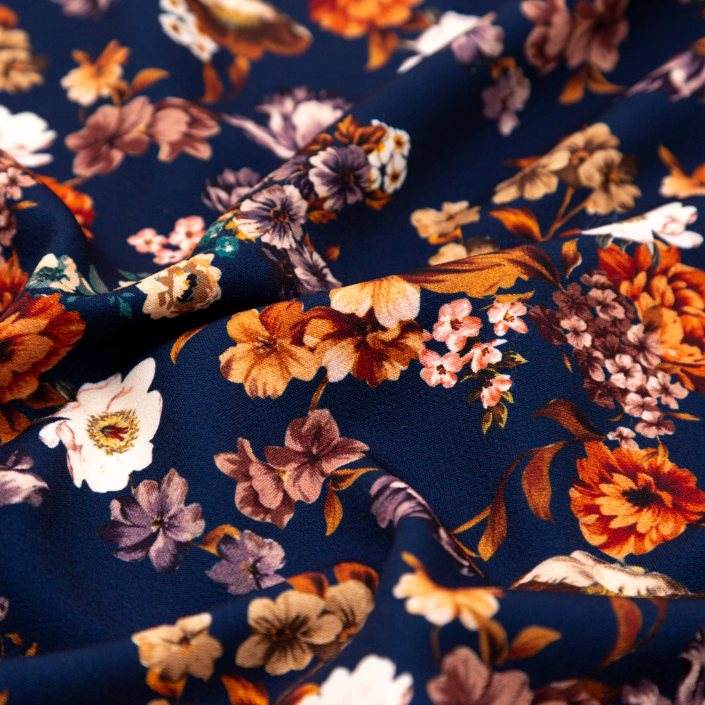 Stretch Polyester Crepe - Navy and Orange Floral - Floral Dreams Print - Mood Exclusive St. Tropez Collection
