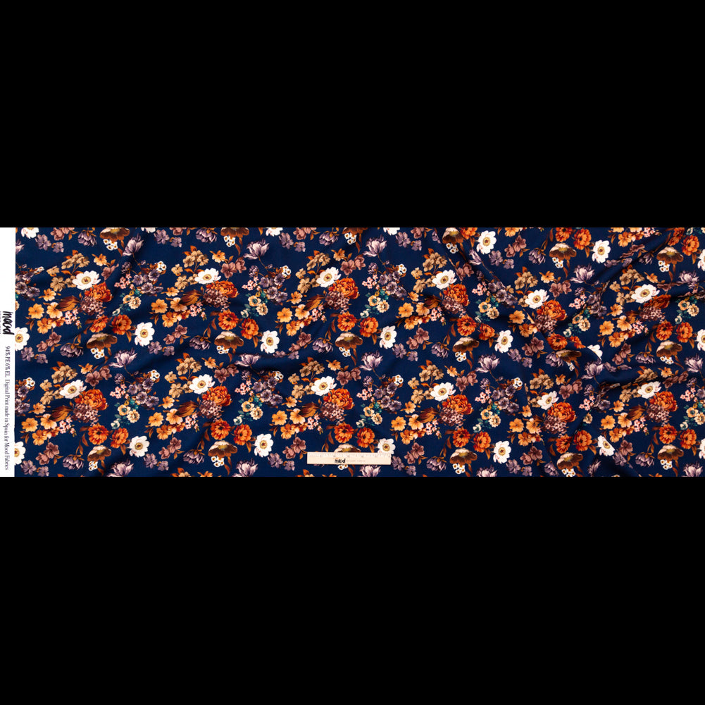 Stretch Polyester Crepe - Navy and Orange Floral - Floral Dreams Print - Mood Exclusive St. Tropez Collection