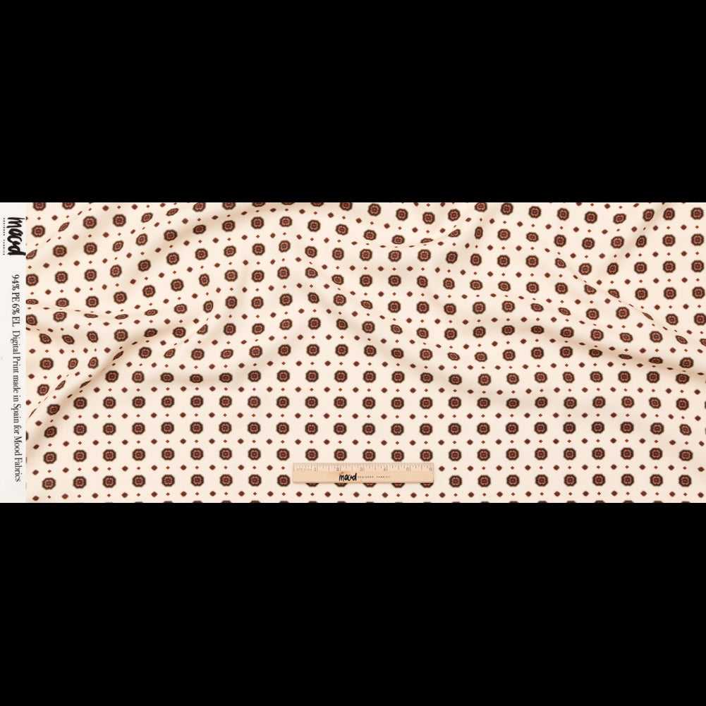 Stretch Polyester Crepe - White and Brown Medallions - Gemstone Carnations Print - Mood Exclusive St. Tropez Collection