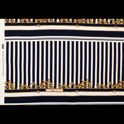 Stretch Polyester Crepe Panel - Ship Wheels and Stripes - Maritime Adornments Print - Mood Exclusive St. Tropez Collection