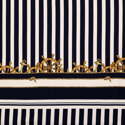 Stretch Polyester Crepe Panel - Ship Wheels and Stripes - Maritime Adornments Print - Mood Exclusive St. Tropez Collection