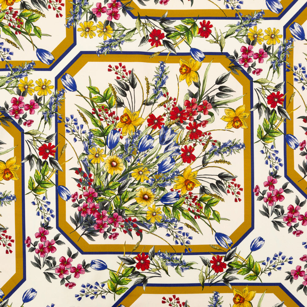 Stretch Cotton Sateen - White and Gold Framed Florals - Parfumerie Gardens Print - Mood Exclusive St. Tropez Collection