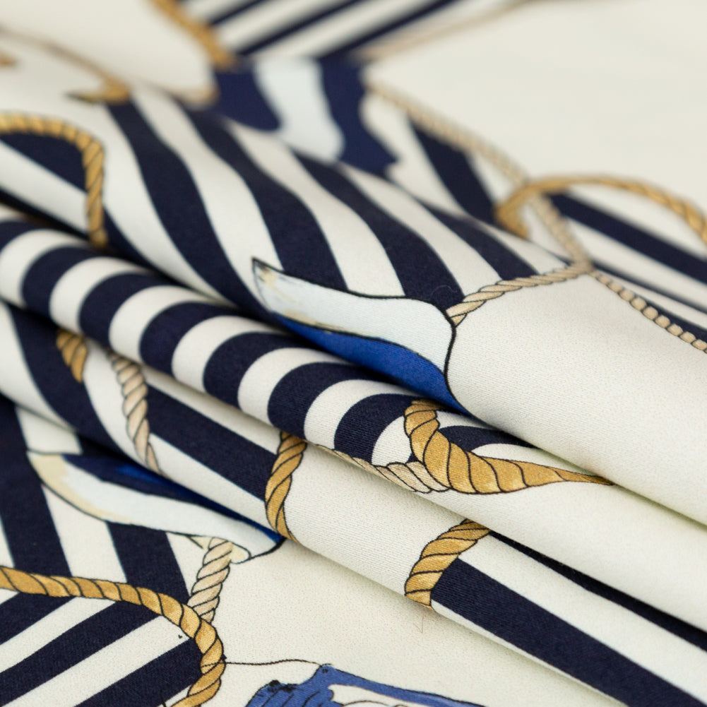 Stretch Cotton Sateen Panel - Ship Wheels and Stripes - Maritime Adornments Print - Mood Exclusive St. Tropez Collection - Folded