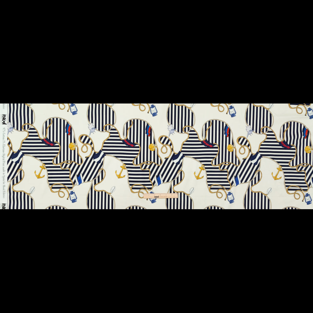 Stretch Cotton Sateen Panel - Ship Wheels and Stripes - Maritime Adornments Print - Mood Exclusive St. Tropez Collection - Full