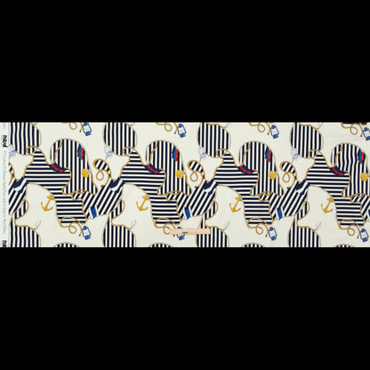 Stretch Cotton Sateen Panel - Ship Wheels and Stripes - Maritime Adornments Print - Mood Exclusive St. Tropez Collection