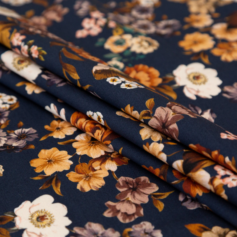 Stretch Cotton Sateen - Navy and Orange Floral - Floral Dreams Print - Mood Exclusive St. Tropez Collection - Folded