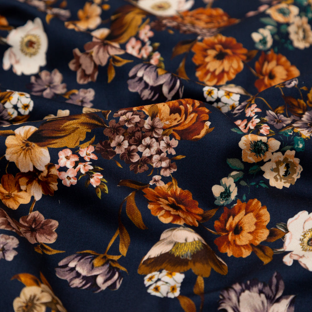 Stretch Cotton Sateen - Navy and Orange Floral - Floral Dreams Print - Mood Exclusive St. Tropez Collection - Detail
