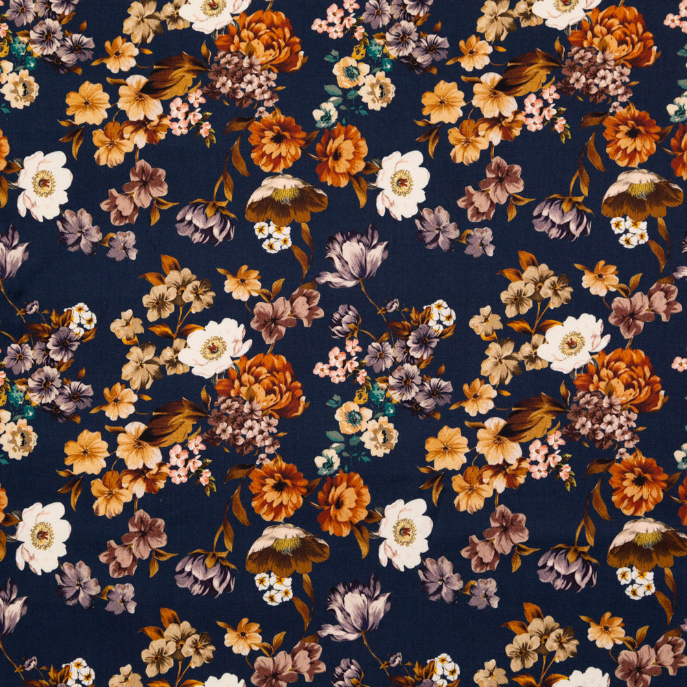 Stretch Cotton Sateen - Navy and Orange Floral - Floral Dreams Print - Mood Exclusive St. Tropez Collection