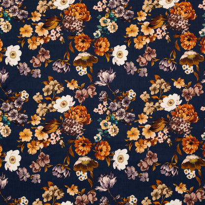 Stretch Cotton Sateen - Navy and Orange Floral - Floral Dreams Print - Mood Exclusive St. Tropez Collection