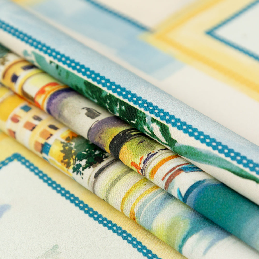Stretch Cotton Sateen - Blue and Yellow Waterscapes - Palace Regattas Print - Mood Exclusive St. Tropez Collection - Folded