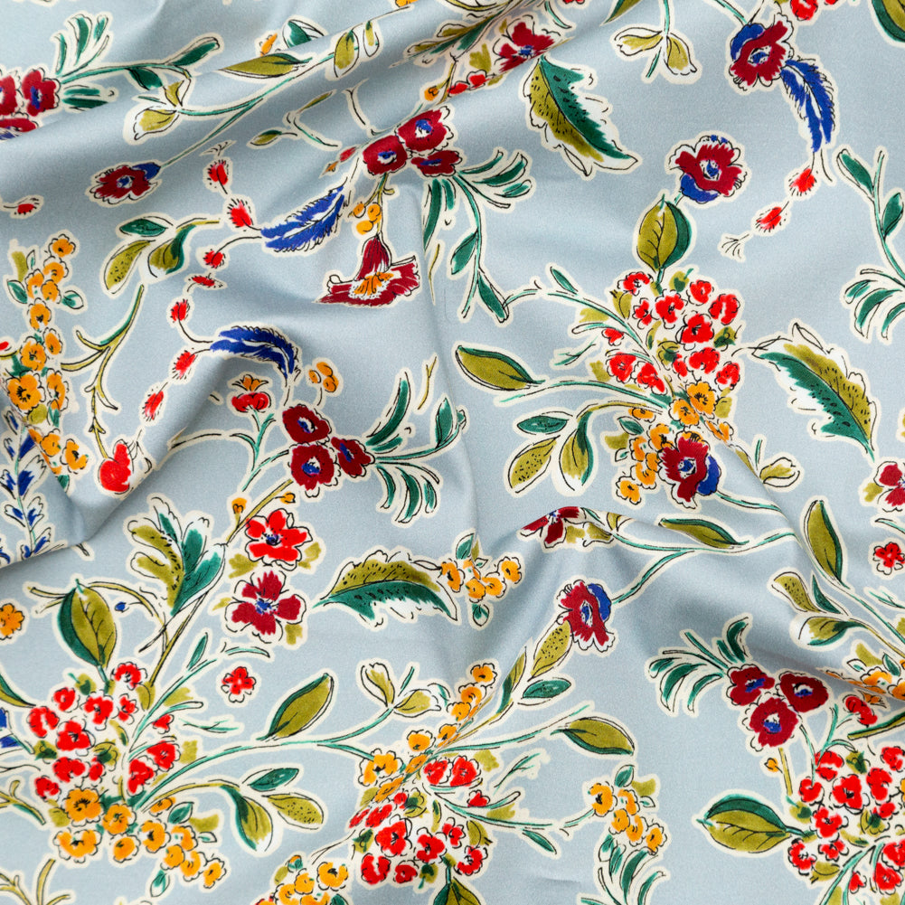 Stretch Cotton Sateen - Light Blue and Red Floral - Poppy Rivieras Print - Mood Exclusive St. Tropez Collection