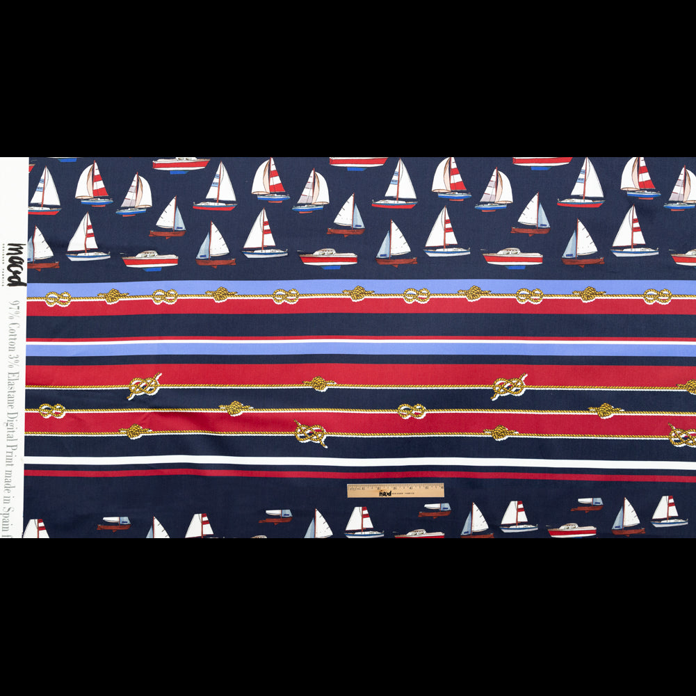 Stretch Cotton Sateen Panel - Red, White and Blue Sailboats and Stripes - Shipyard Surveys Print - Mood Exclusive St. Tropez Collection - Full