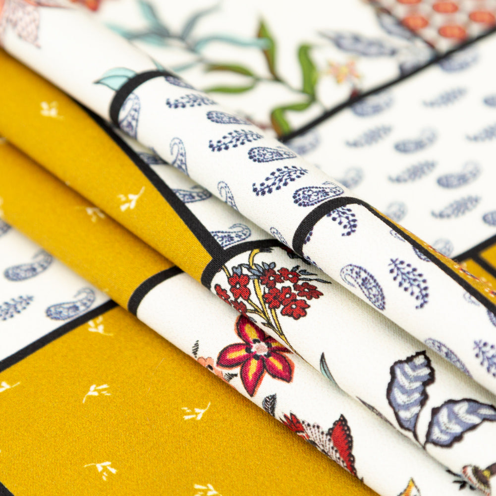 Stretch Cotton Sateen - Yellow and Red Floral Patchwork - Paisley Patches Print - Mood Exclusive St. Tropez Collection - Folded