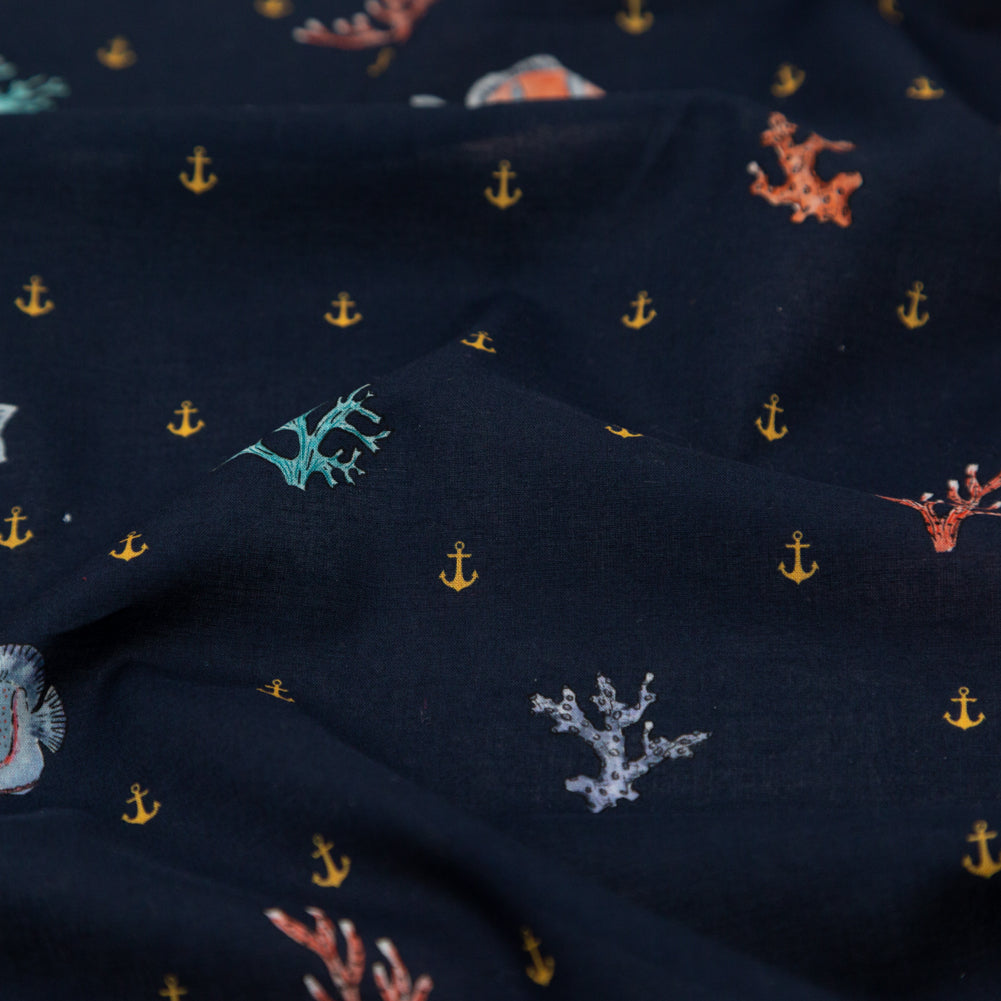 Cotton Voile - Navy Fish and Coral - Seacoral Delights Print - Mood Exclusive St. Tropez Collection