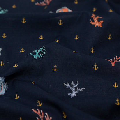 Cotton Voile - Navy Fish and Coral - Seacoral Delights Print - Mood Exclusive St. Tropez Collection
