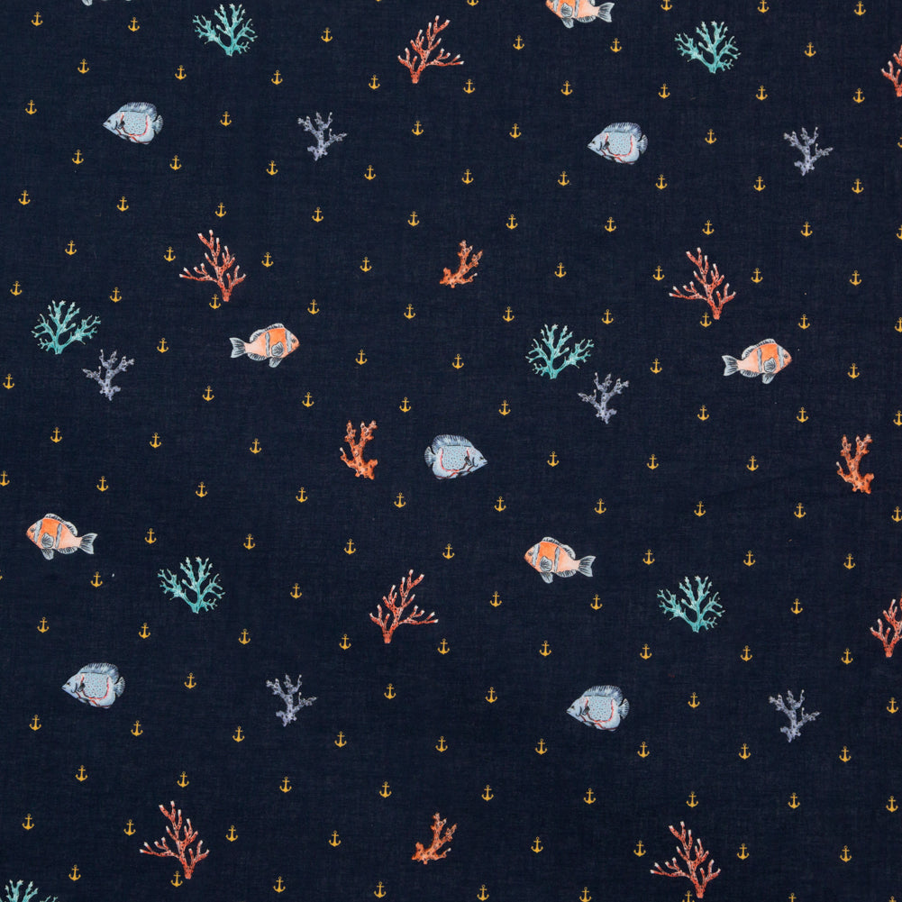 Cotton Voile - Navy Fish and Coral - Seacoral Delights Print - Mood Exclusive St. Tropez Collection