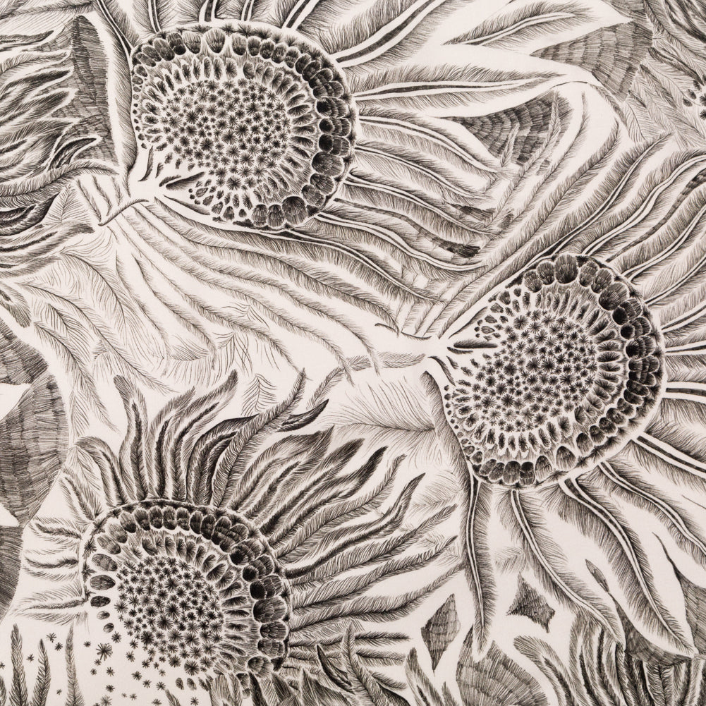 Rayon Challis - Black and White Sunflowers - Mood Exclusive Floral Hideaways Print