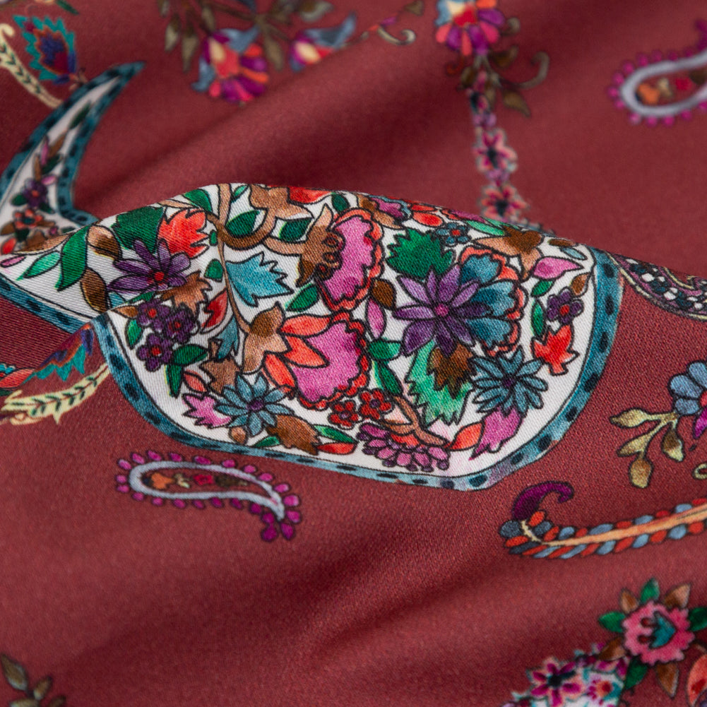 Stretch Cotton Sateen - Red Paisley - Merry Beyond Measure Print - Mood Exclusive Kenko Collection - Detail