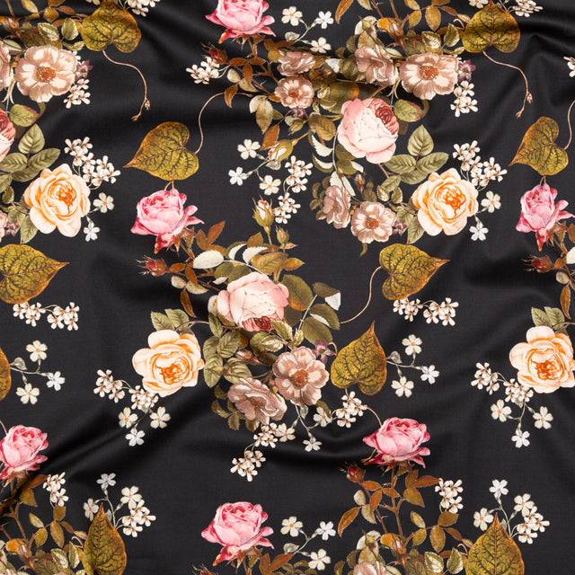 Stretch Cotton Sateen - Black Floral - Blossoms of the Heart Print - Mood Exclusive Kenko Collection