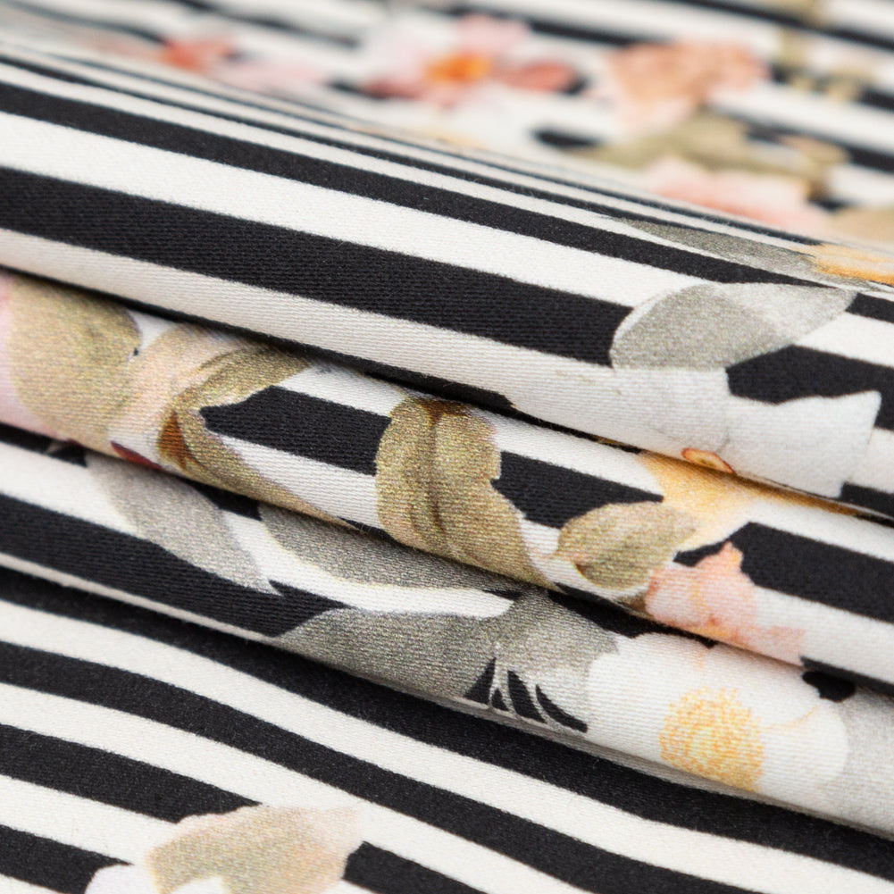 Stretch Cotton Sateen - Red and Black Floral and Stripes - Stream of Consciousness Print - Mood Exclusive Kenko Collection