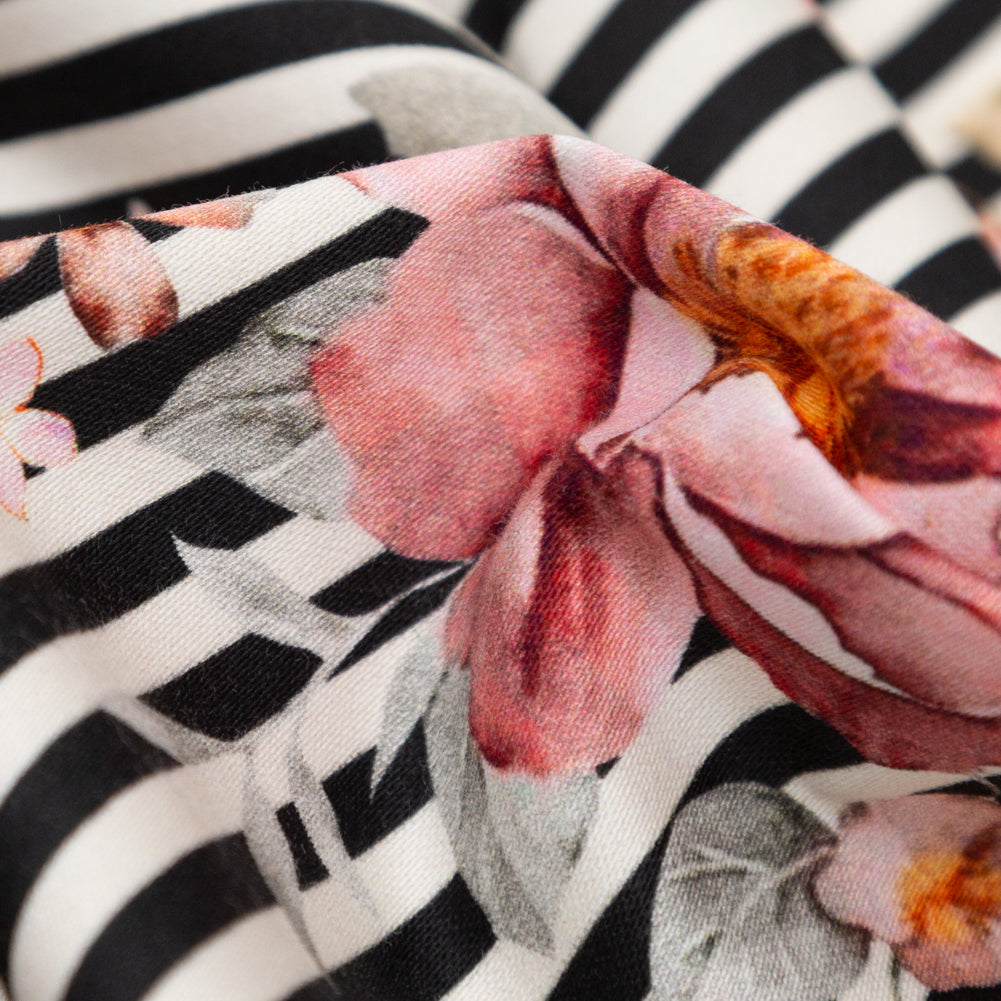 Stretch Cotton Sateen - Red and Black Floral and Stripes - Stream of Consciousness Print - Mood Exclusive Kenko Collection