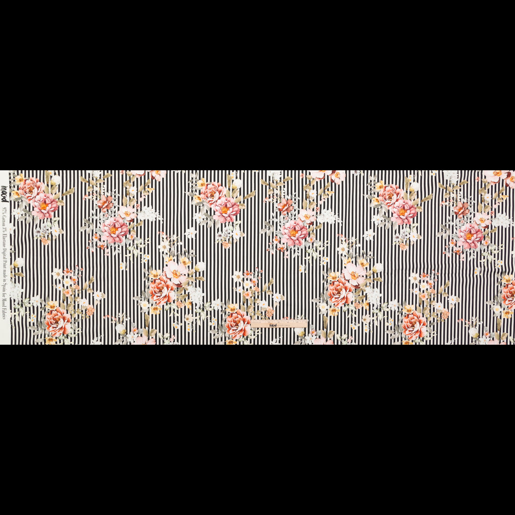 Stretch Cotton Sateen - Red and Black Floral and Stripes - Stream of Consciousness Print - Mood Exclusive Kenko Collection