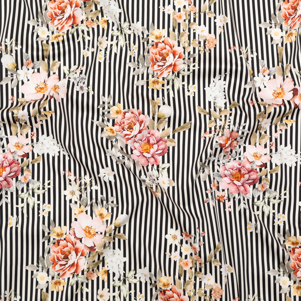 Stretch Cotton Sateen - Red and Black Floral and Stripes - Stream of Consciousness Print - Mood Exclusive Kenko Collection