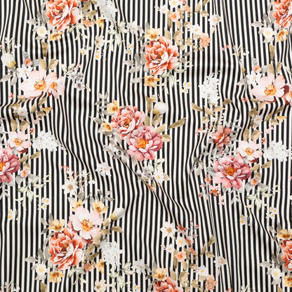 Stretch Cotton Sateen - Red and Black Floral and Stripes - Stream of Consciousness Print - Mood Exclusive Kenko Collection
