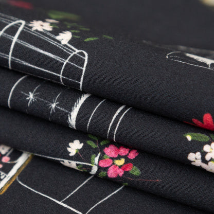 Stretch Cotton Sateen - Black Furniture and Flowers - In the Lamp Light Print - Mood Exclusive Kenko Collection