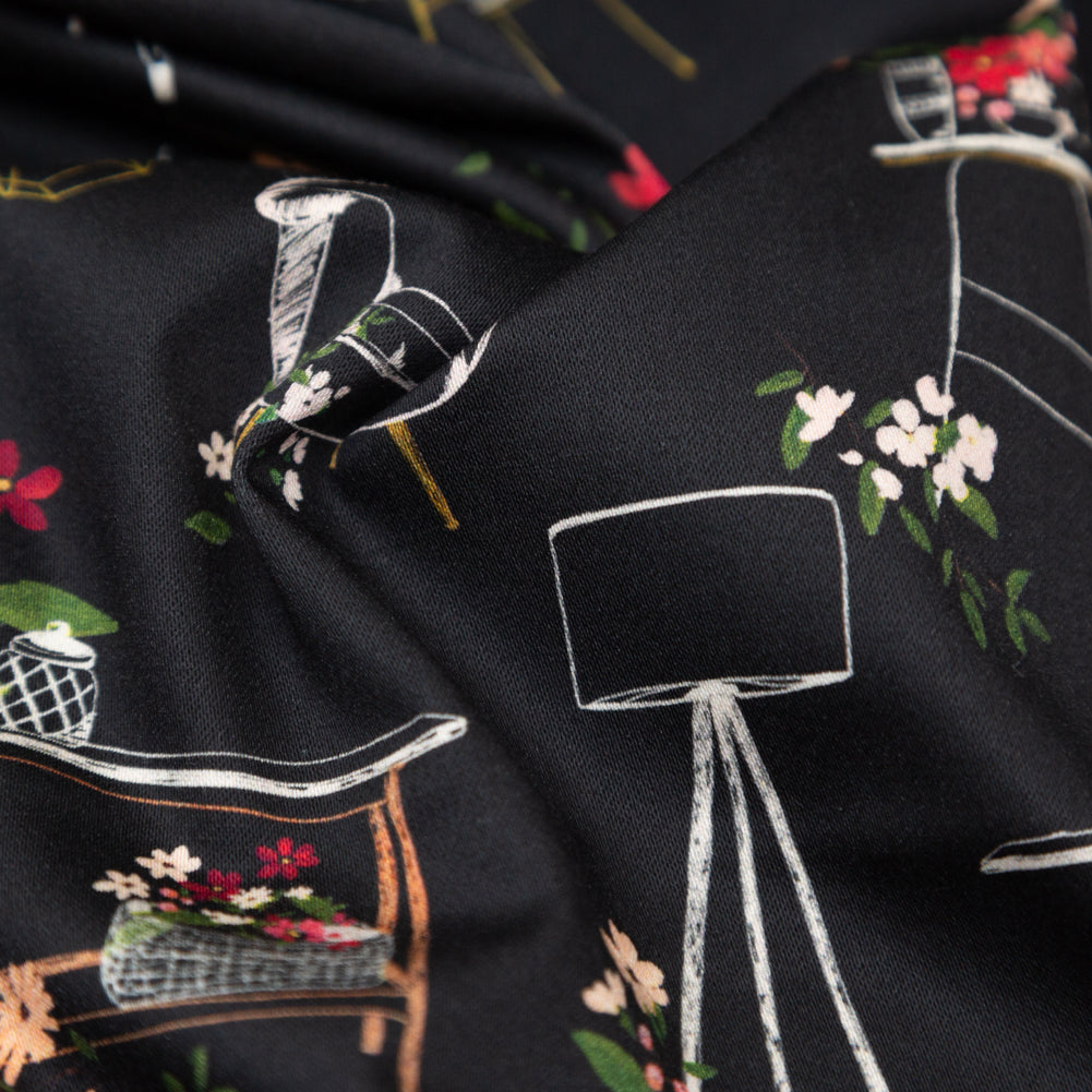 Stretch Cotton Sateen - Black Furniture and Flowers - In the Lamp Light Print - Mood Exclusive Kenko Collection