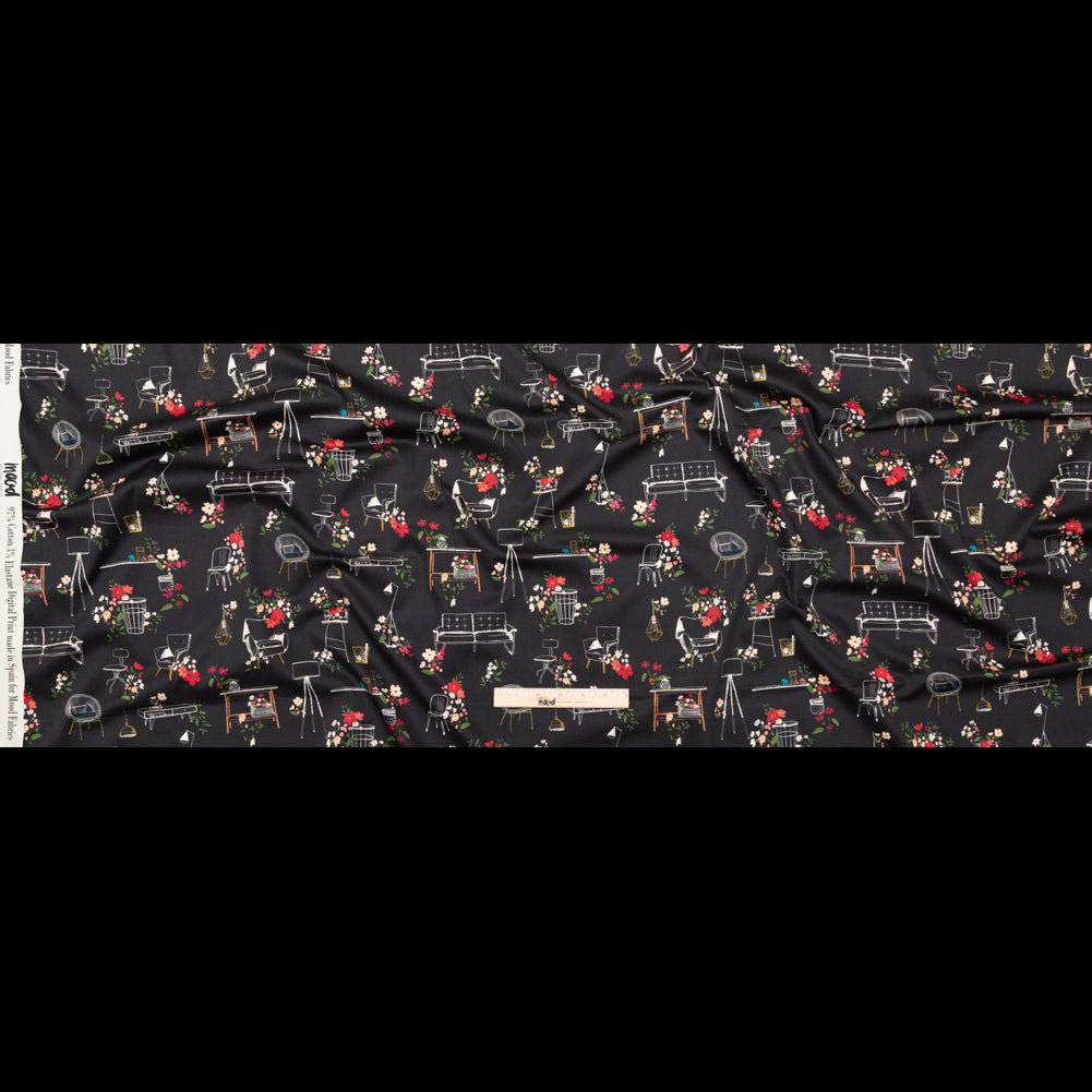 Stretch Cotton Sateen - Black Furniture and Flowers - In the Lamp Light Print - Mood Exclusive Kenko Collection
