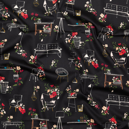 Stretch Cotton Sateen - Black Furniture and Flowers - In the Lamp Light Print - Mood Exclusive Kenko Collection